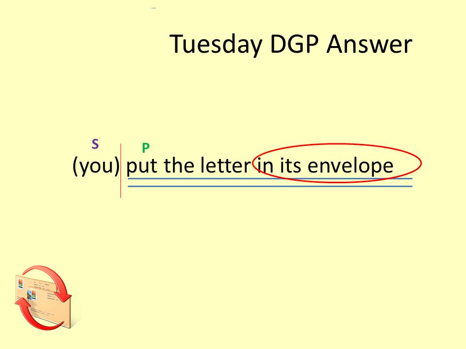 Tuesday DGP Answer (you) put the letter in its envelope S P