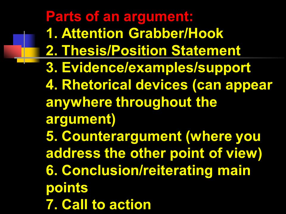 Parts of an argument: 1. Attention Grabber/Hook 2.