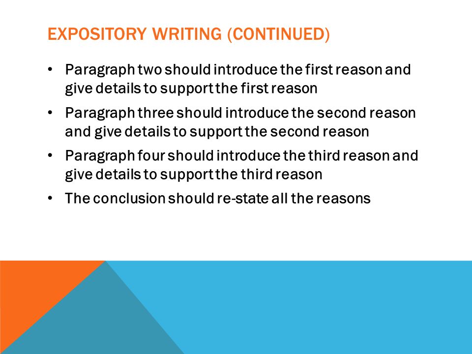 EXPOSITORY WRITING (CONTINUED) Paragraph two should introduce the first reason and give details to support the first reason Paragraph three should introduce the second reason and give details to support the second reason Paragraph four should introduce the third reason and give details to support the third reason The conclusion should re-state all the reasons