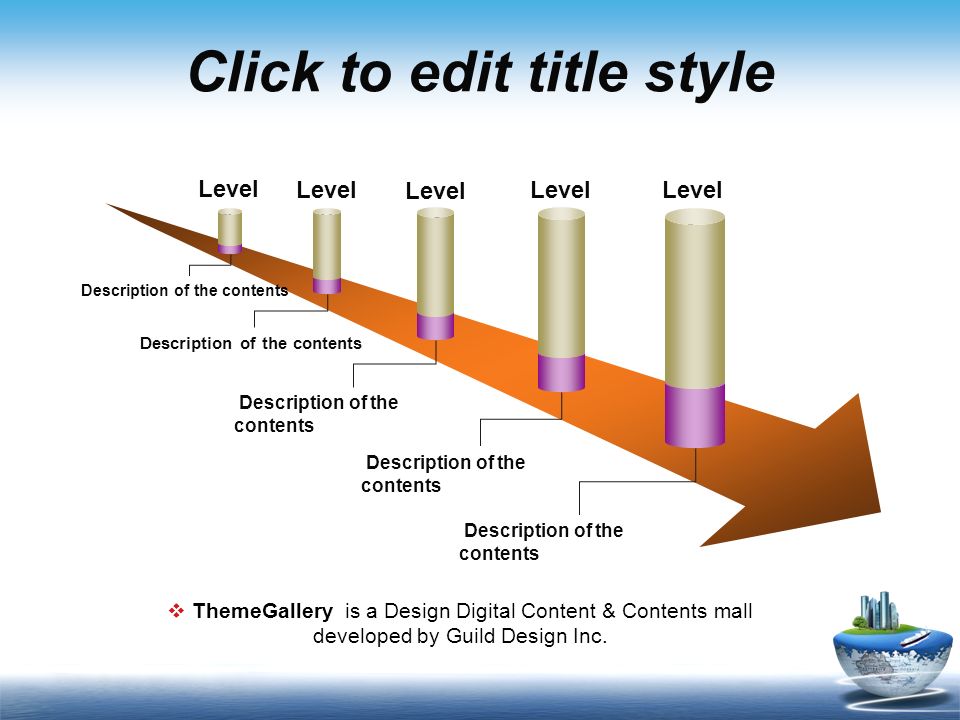 Click to edit title style Level 1 Level 2 Level 3 Level 4 Level 5 Description of the contents  ThemeGallery is a Design Digital Content & Contents mall developed by Guild Design Inc.