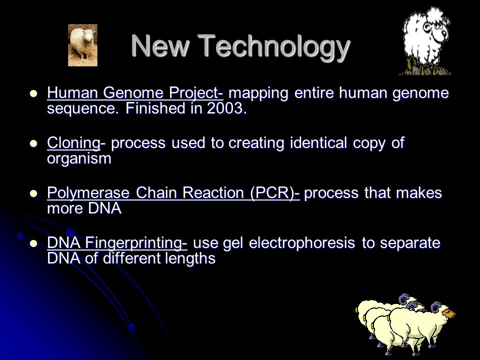 New Technology Human Genome Project- mapping entire human genome sequence.