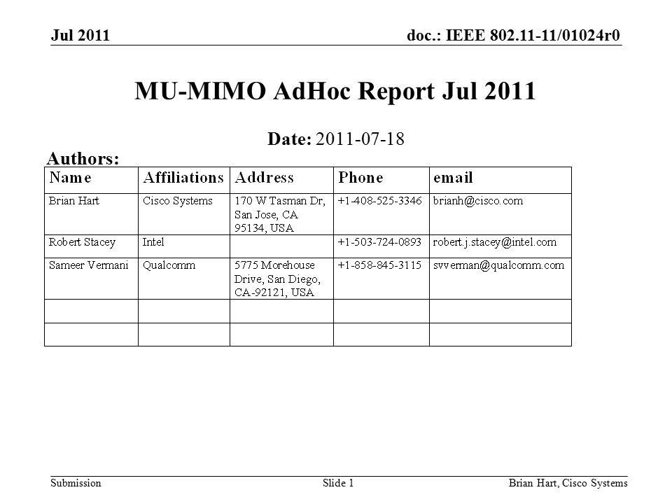 doc.: IEEE /01024r0 SubmissionBrian Hart, Cisco Systems MU-MIMO AdHoc Report Jul 2011 Date: Authors: Slide 1 Jul 2011