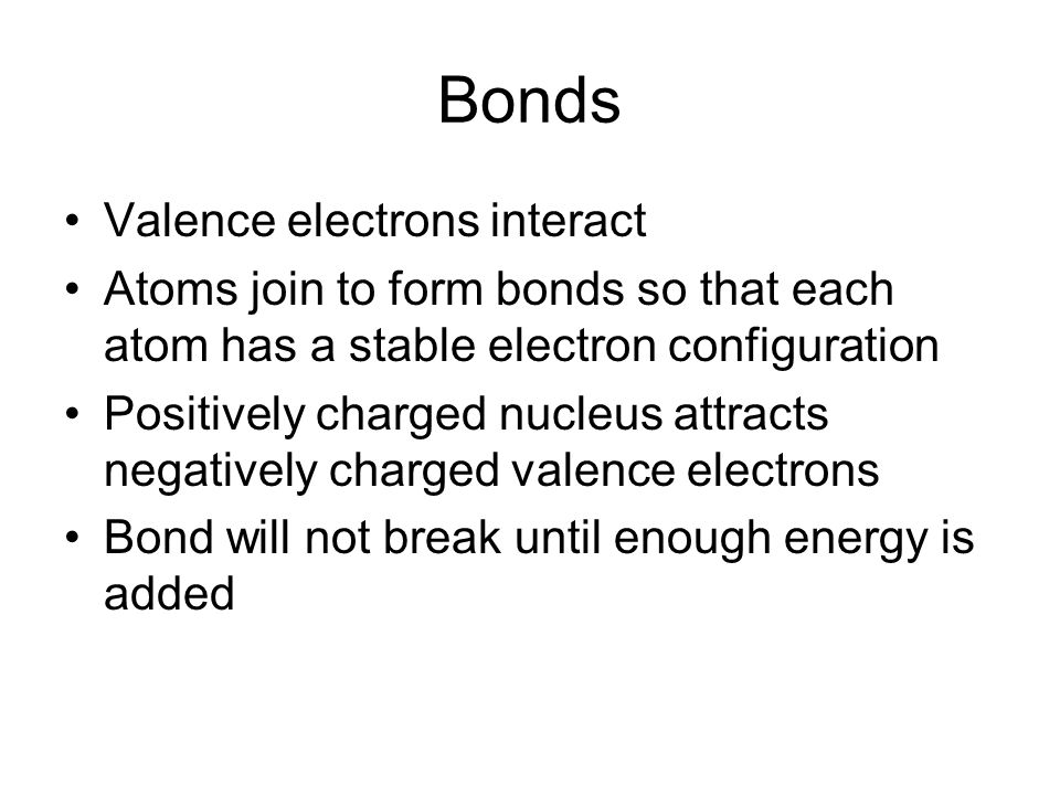 Bonds Valence electrons interact Atoms join to form bonds so that each atom has a stable electron configuration Positively charged nucleus attracts negatively charged valence electrons Bond will not break until enough energy is added