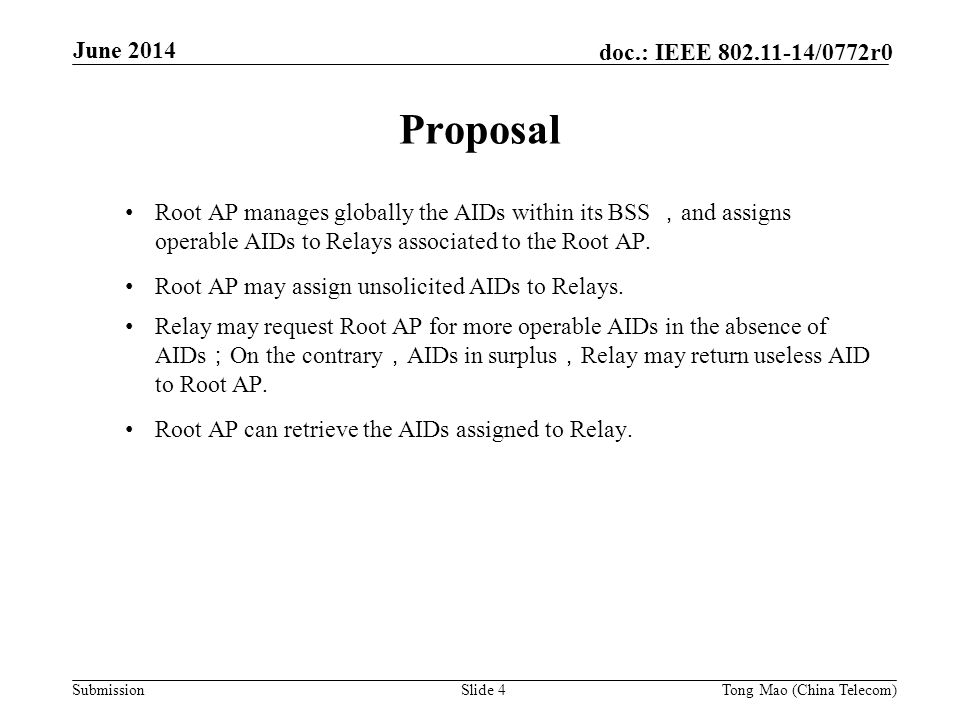Submission doc.: IEEE /0772r0 June 2014 Slide 4 Proposal Root AP manages globally the AIDs within its BSS ， and assigns operable AIDs to Relays associated to the Root AP.
