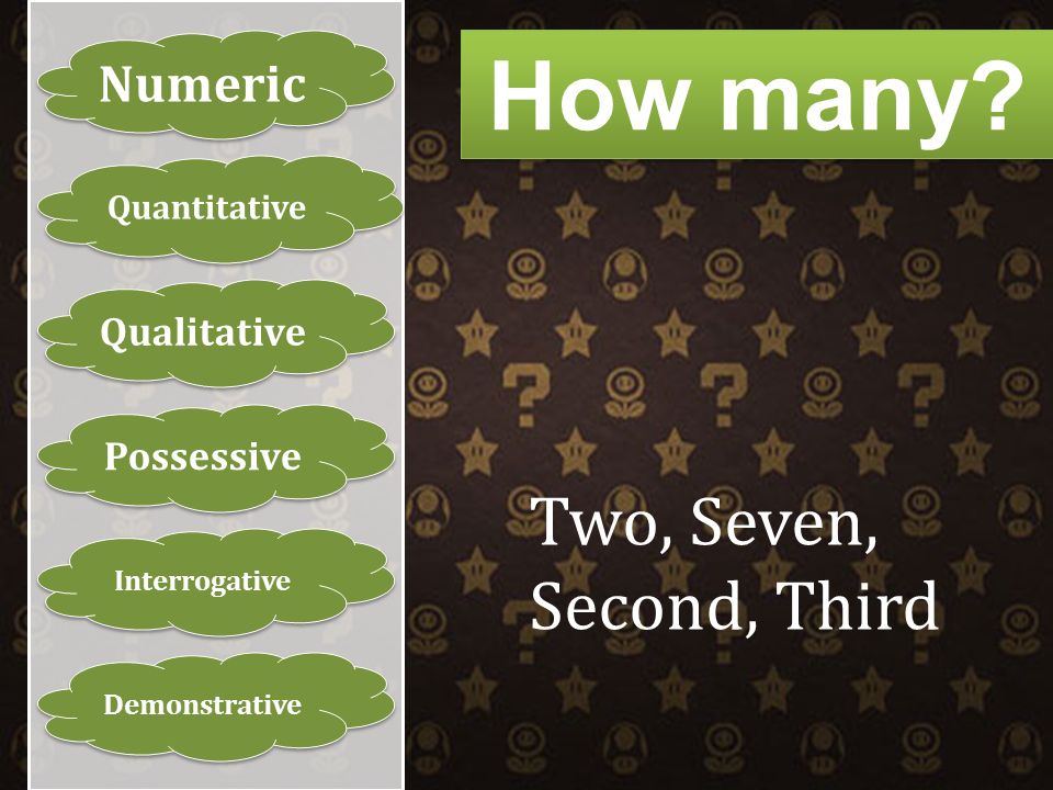 Numeric Quantitative Qualitative Possessive Interrogative Demonstrative Two, Seven, Second, Third How many