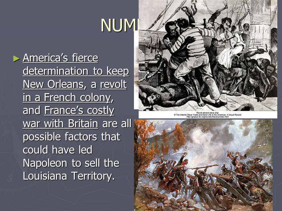 NUMBER 8 ► America’s fierce determination to keep New Orleans, a revolt in a French colony, and France’s costly war with Britain are all possible factors that could have led Napoleon to sell the Louisiana Territory.