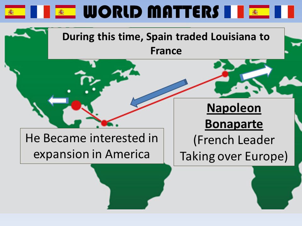 WORLD MATTERS Napoleon Bonaparte (French Leader Taking over Europe) He Became interested in expansion in America During this time, Spain traded Louisiana to France