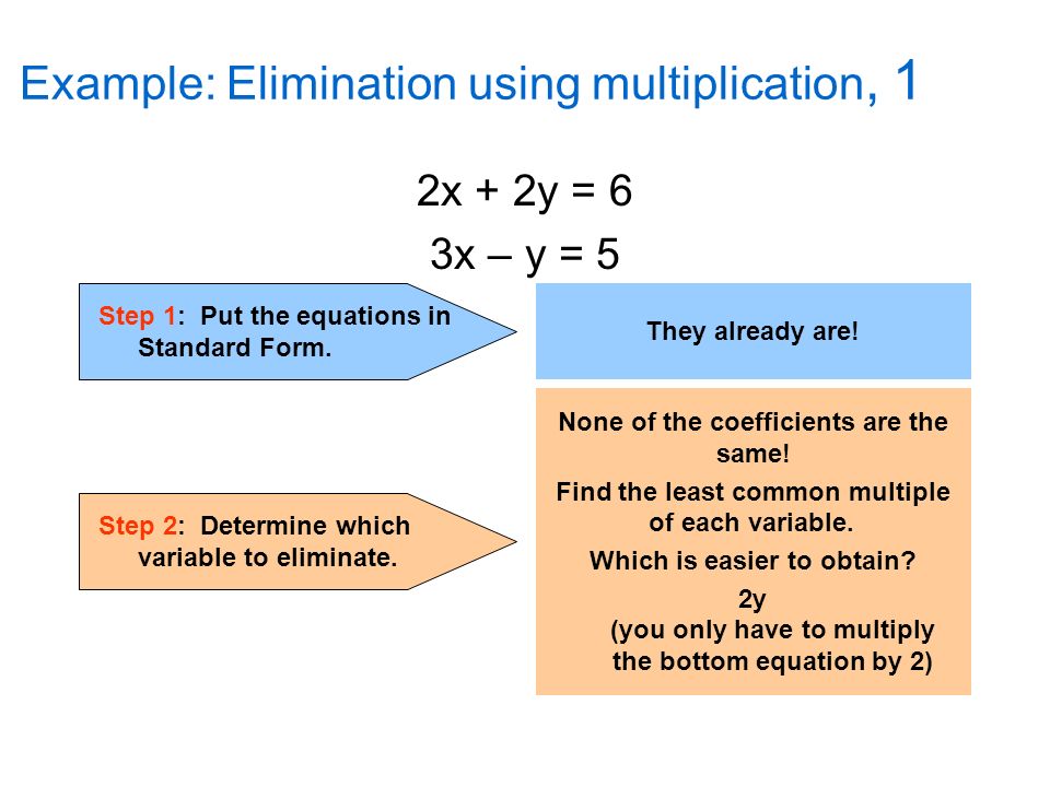 Example: Elimination using multiplication, 1 2x + 2y = 6 3x – y = 5 Step 1: Put the equations in Standard Form.