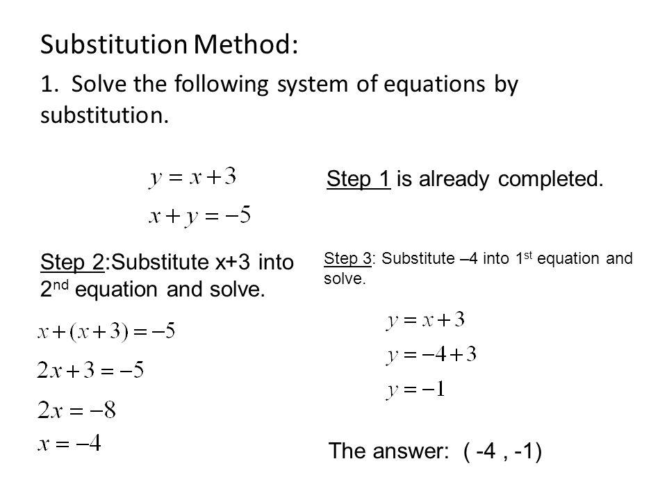 Substitution Method: 1. Solve the following system of equations by substitution.