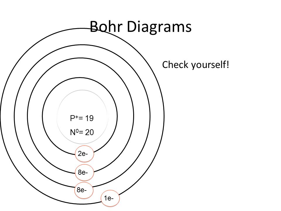 Bohr Diagrams Check yourself! P + = 19 N 0 = 20 2e- 8e- 1e-
