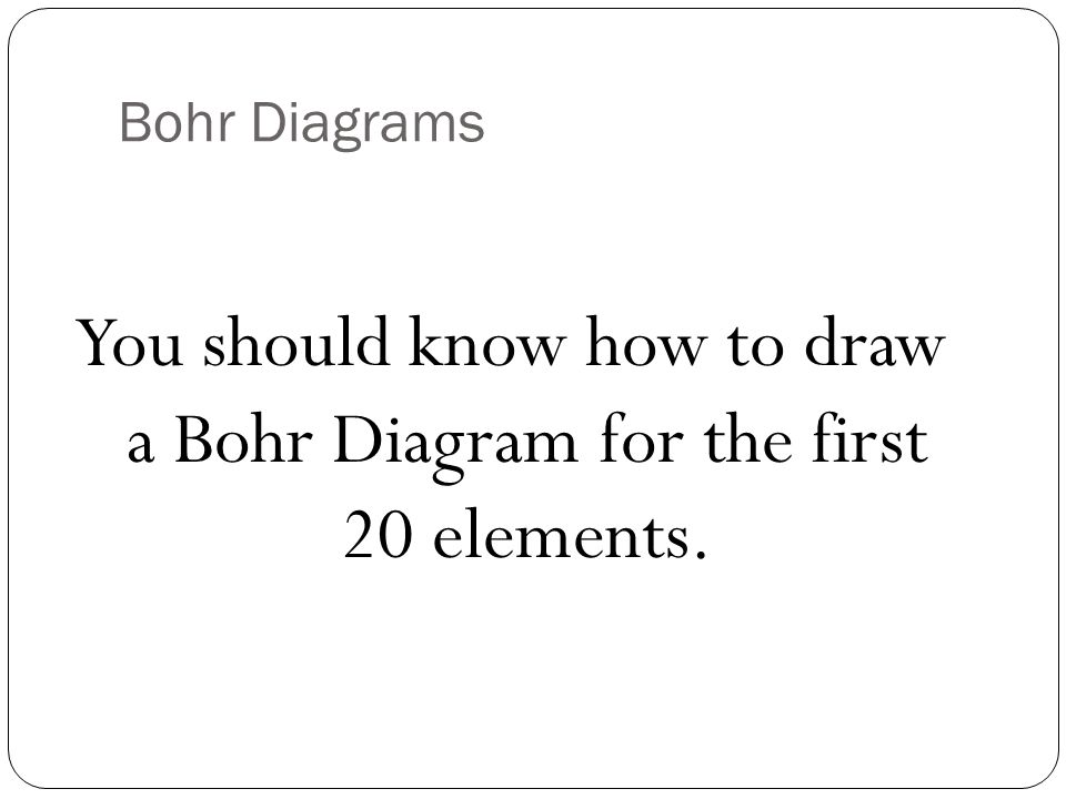 Bohr Diagrams You should know how to draw a Bohr Diagram for the first 20 elements.