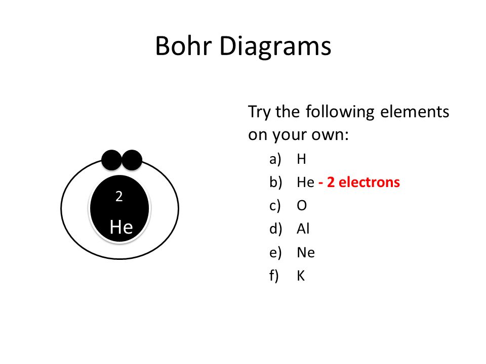 Bohr Diagrams Try the following elements on your own: a)H b)He - 2 electrons c)O d)Al e)Ne f)K He 2 He 2 He