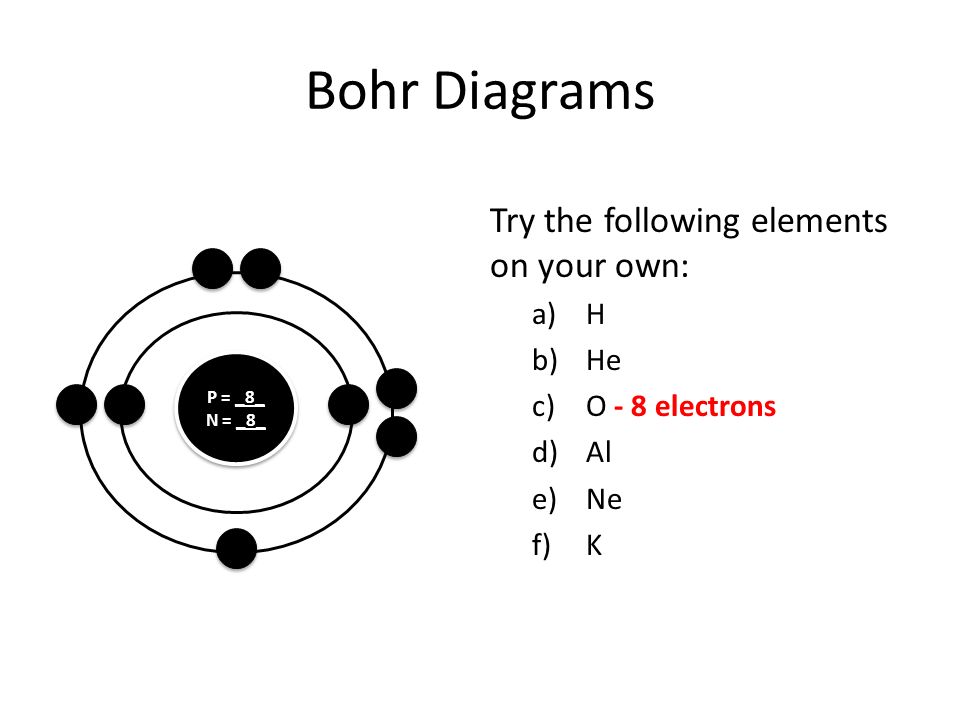 Bohr Diagrams Try the following elements on your own: a)H b)He c)O - 8 electrons d)Al e)Ne f)K P = _8_ N = _8_ P = _8_ N = _8_