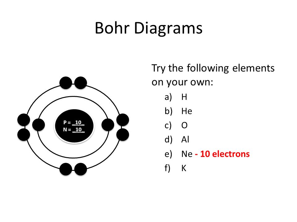 Bohr Diagrams Try the following elements on your own: a)H b)He c)O d)Al e)Ne - 10 electrons f)K P = _10_ N = _10_ P = _10_ N = _10_