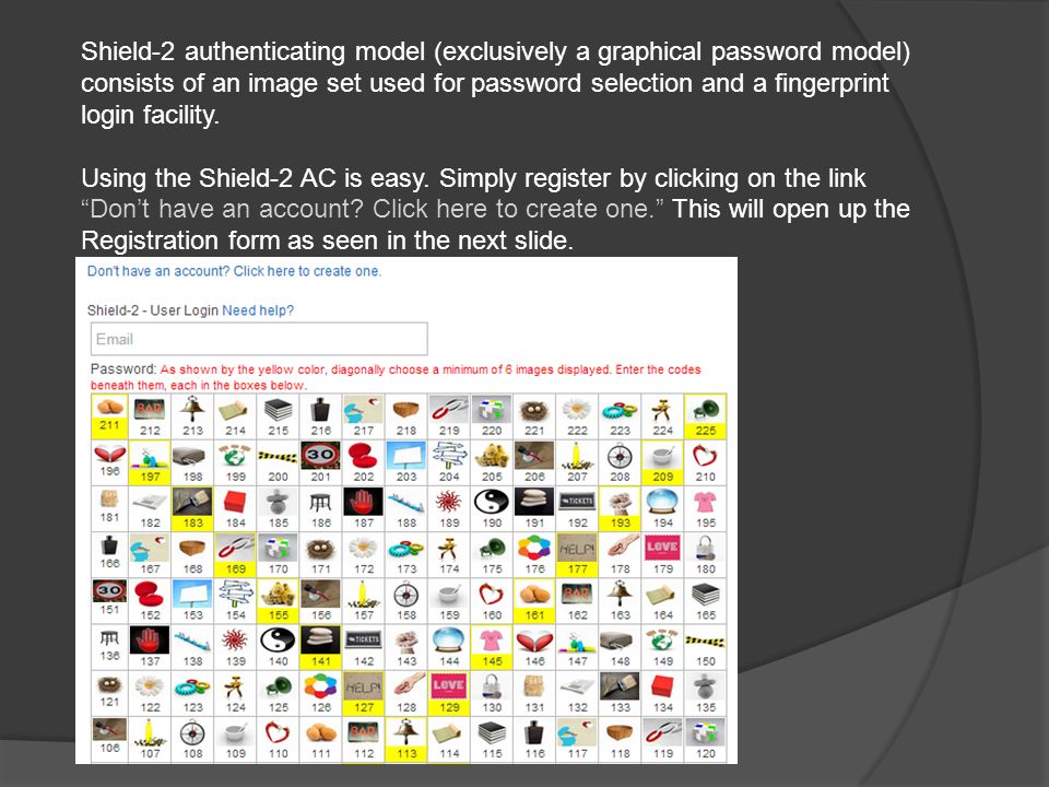 Shield-2 authenticating model (exclusively a graphical password model) consists of an image set used for password selection and a fingerprint login facility.