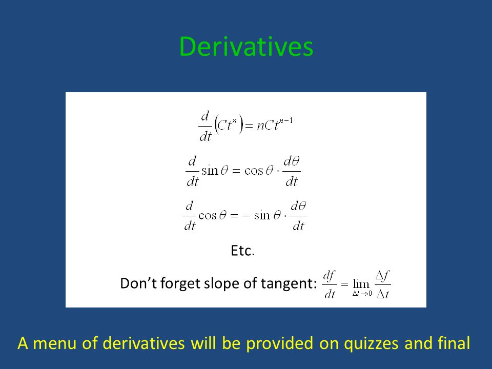 Derivatives A menu of derivatives will be provided on quizzes and final Don’t forget slope of tangent: Etc.