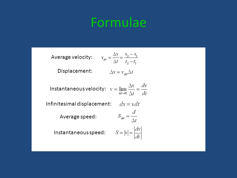 Formulae Infinitesimal displacement: Average velocity: Displacement: Instantaneous velocity: Average speed: Instantaneous speed:
