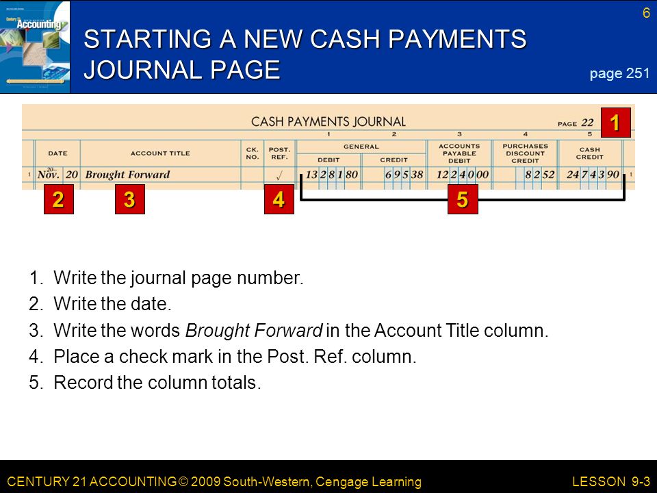 CENTURY 21 ACCOUNTING © 2009 South-Western, Cengage Learning 6 LESSON 9-3 STARTING A NEW CASH PAYMENTS JOURNAL PAGE page Write the journal page number.