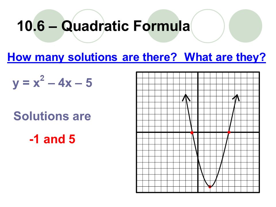 y = x 2 – 4x – 5 Solutions are -1 and – Quadratic Formula How many solutions are there.