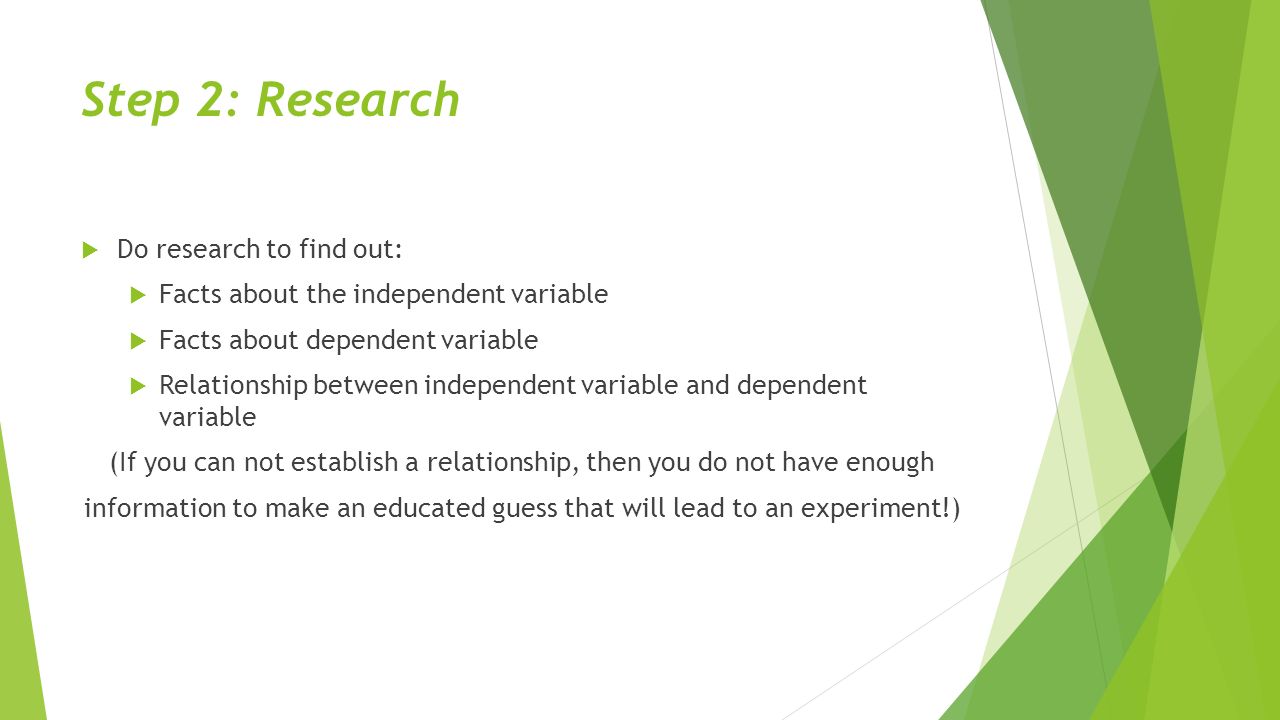Step 2: Research  Do research to find out:  Facts about the independent variable  Facts about dependent variable  Relationship between independent variable and dependent variable (If you can not establish a relationship, then you do not have enough information to make an educated guess that will lead to an experiment!)