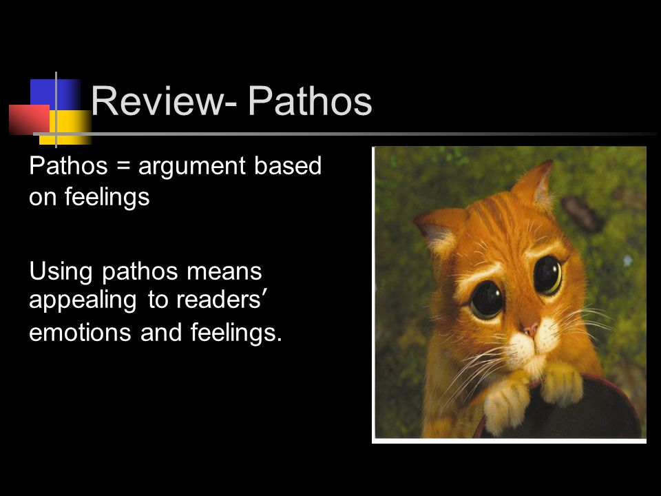 Review- Pathos Pathos = argument based on feelings Using pathos means appealing to readers’ emotions and feelings.