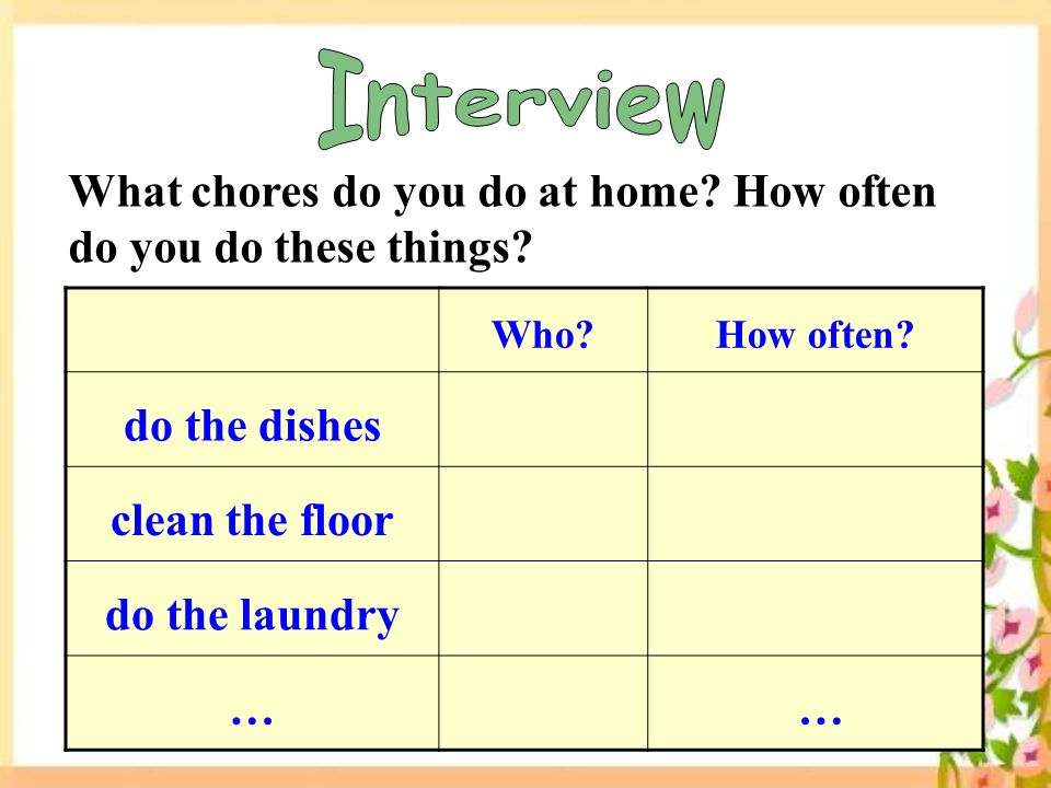 Who How often. do the dishes clean the floor do the laundry … … What chores do you do at home.