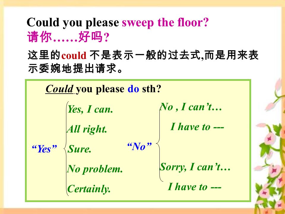 Could you please sweep the floor. 请你 …… 好吗 .