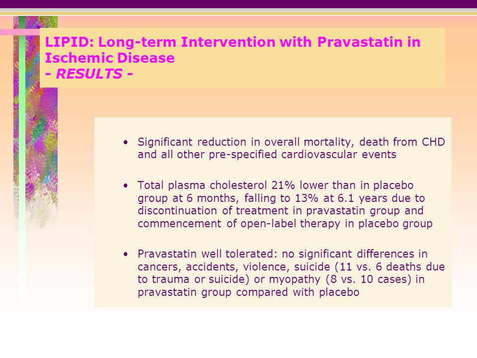 LIPID: Long-term Intervention with Pravastatin in Ischemic Disease - RESULTS - Significant reduction in overall mortality, death from CHD and all other pre-specified cardiovascular events Total plasma cholesterol 21% lower than in placebo group at 6 months, falling to 13% at 6.1 years due to discontinuation of treatment in pravastatin group and commencement of open-label therapy in placebo group Pravastatin well tolerated: no significant differences in cancers, accidents, violence, suicide (11 vs.