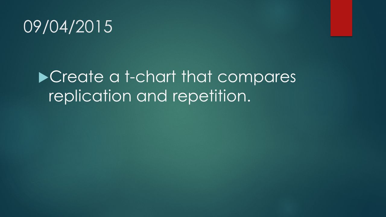 09/04/2015  Create a t-chart that compares replication and repetition.