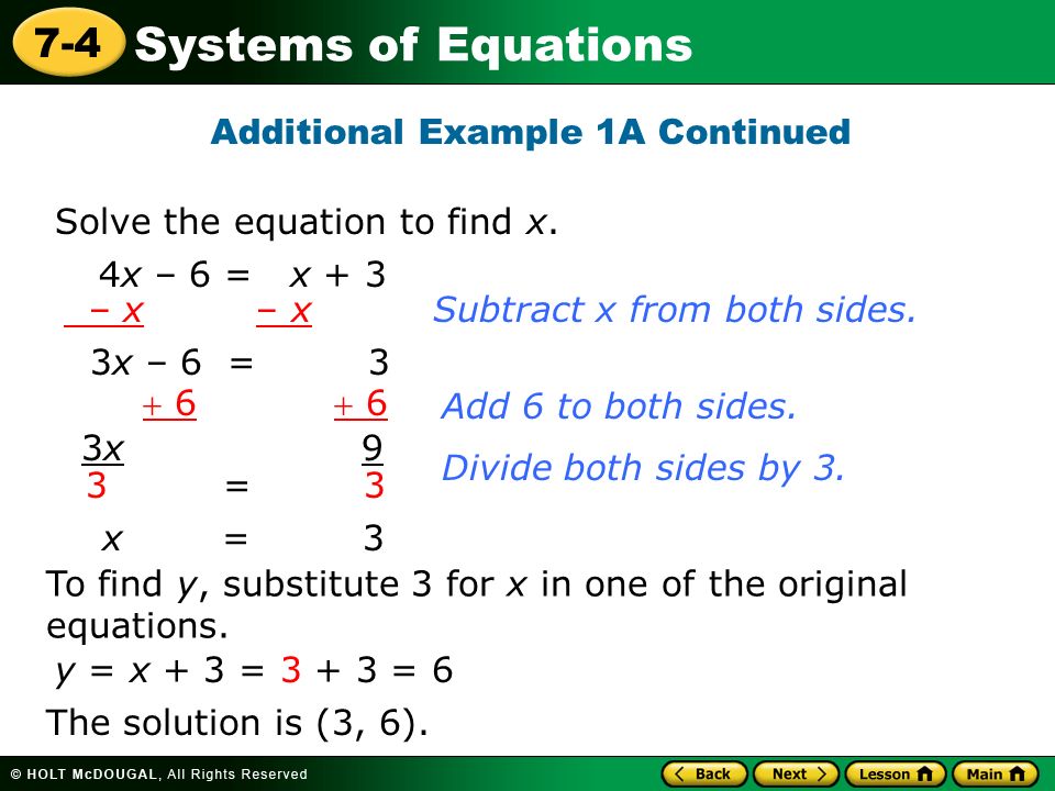Systems of Equations 7-4 Additional Example 1A Continued To find y, substitute 3 for x in one of the original equations.