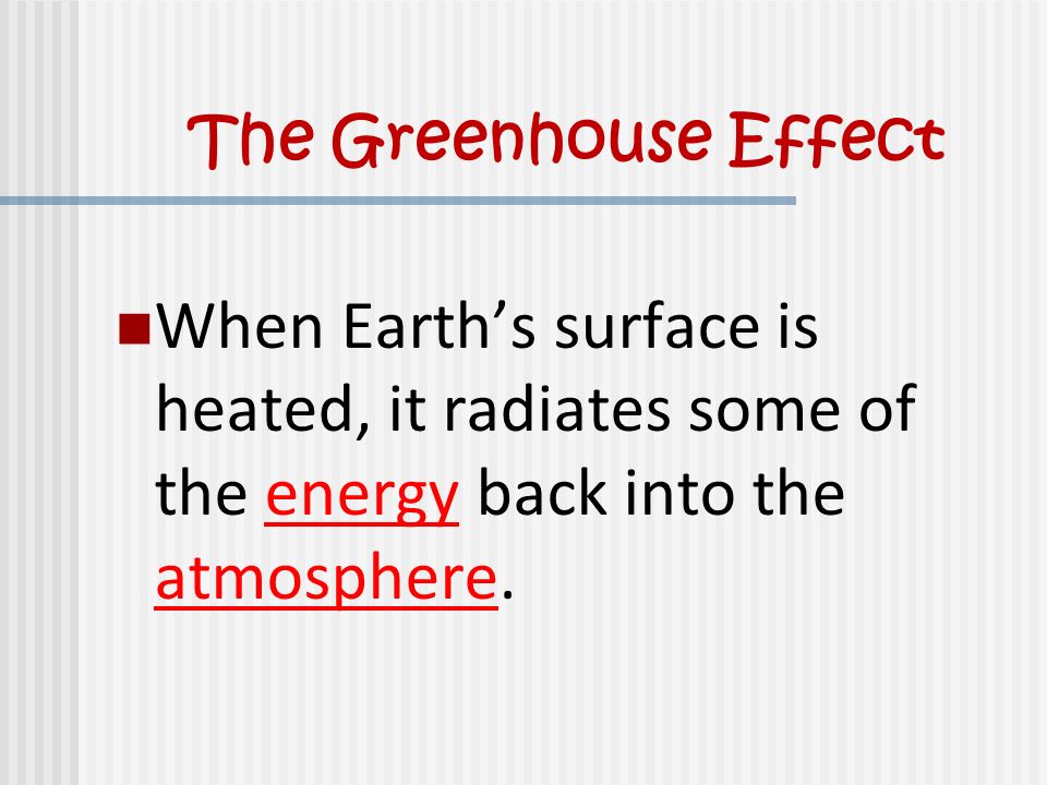 The Greenhouse Effect When Earth’s surface is heated, it radiates some of the energy back into the atmosphere.