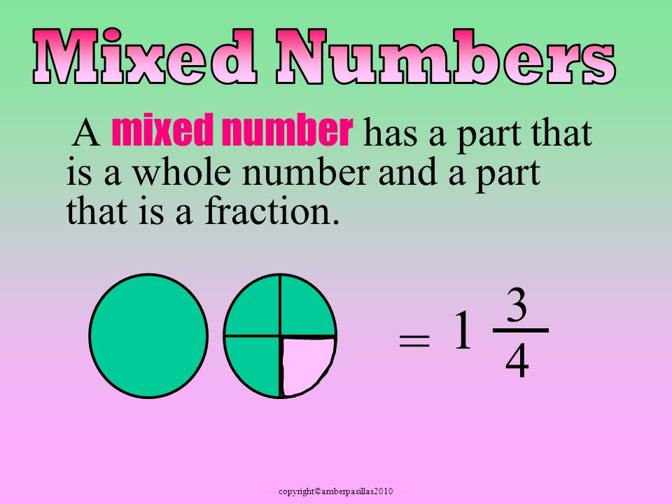 A mixed number has a part that is a whole number and a part that is a fraction. = 1 3 4