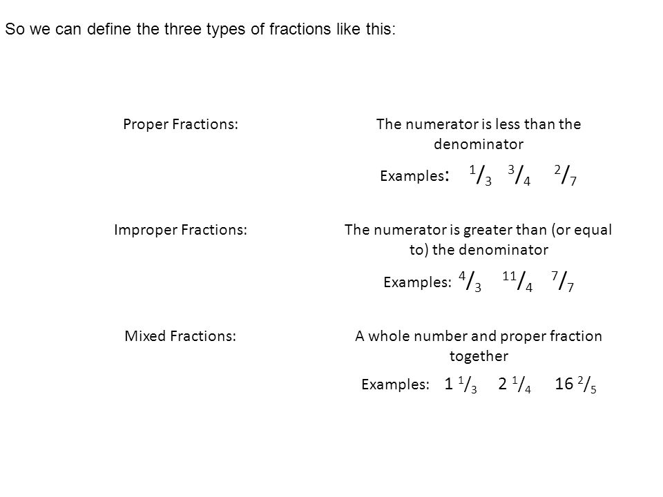 Proper Fractions: The numerator is less than the denominator Examples : 1 / 3 3 / 4 2 / 7 Improper Fractions: The numerator is greater than (or equal to) the denominator Examples: 4 / 3 11 / 4 7 / 7 Mixed Fractions: A whole number and proper fraction together Examples: 1 1 / / / 5 So we can define the three types of fractions like this: