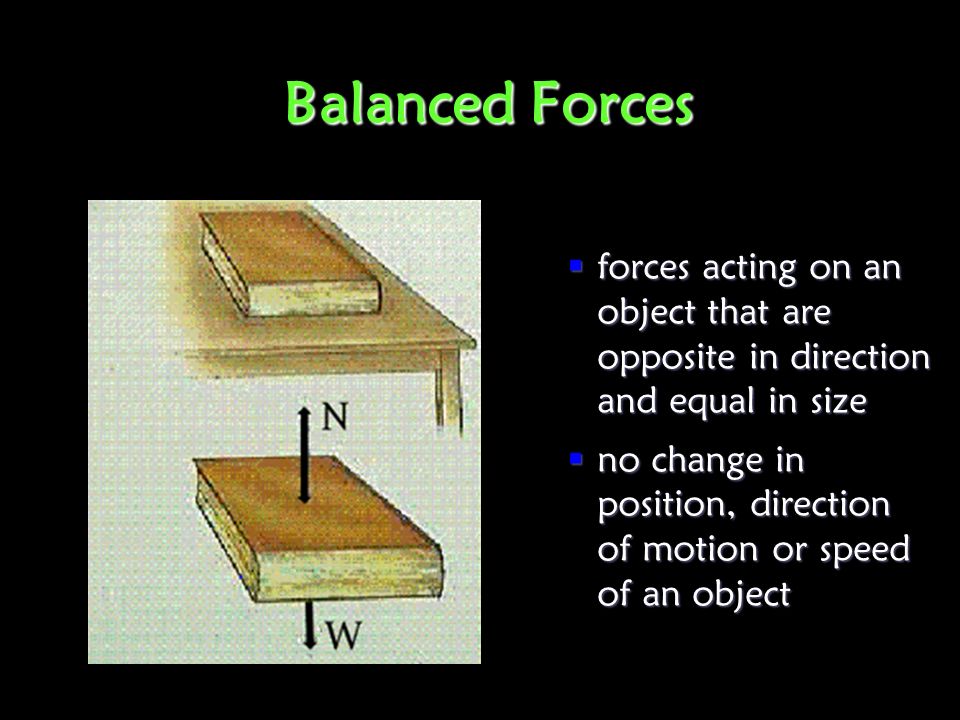 Balanced Forces  forces acting on an object that are opposite in direction and equal in size  no change in position, direction of motion or speed of an object