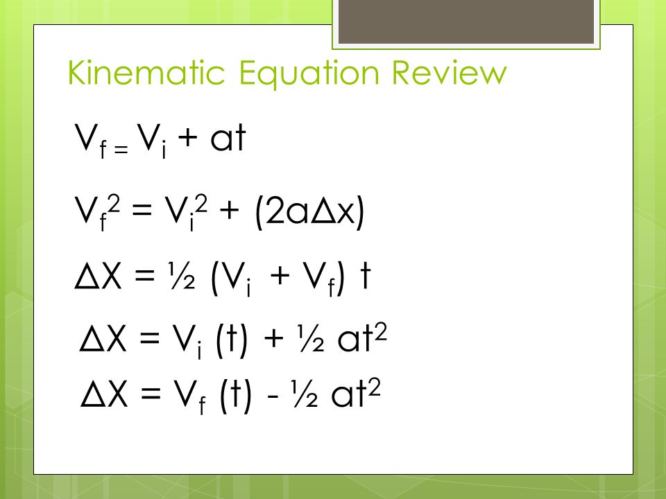 Kinematic Equation Review V f = V i + at V f 2 = V i 2 + (2aΔx) ΔX = ½ (V i + V f ) t ΔX = V i (t) + ½ at 2 ΔX = V f (t) - ½ at 2