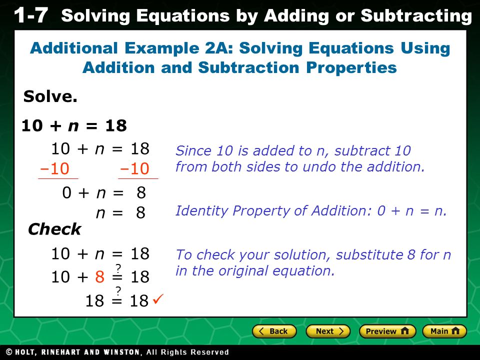 Evaluating Algebraic Expressions 1-7 Solving Equations by Adding or Subtracting Solve.