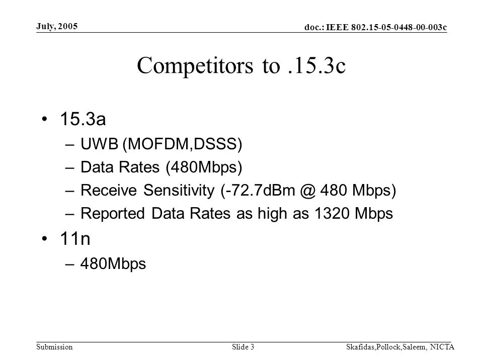 doc.: IEEE c Submission July, 2005 Skafidas,Pollock,Saleem, NICTASlide 3 Competitors to.15.3c 15.3a –UWB (MOFDM,DSSS) –Data Rates (480Mbps) –Receive Sensitivity 480 Mbps) –Reported Data Rates as high as 1320 Mbps 11n –480Mbps