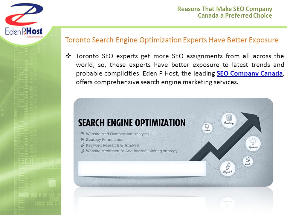 Toronto Search Engine Optimization Experts Have Better Exposure  Toronto SEO experts get more SEO assignments from all across the world, so, these experts have better exposure to latest trends and probable complicities.
