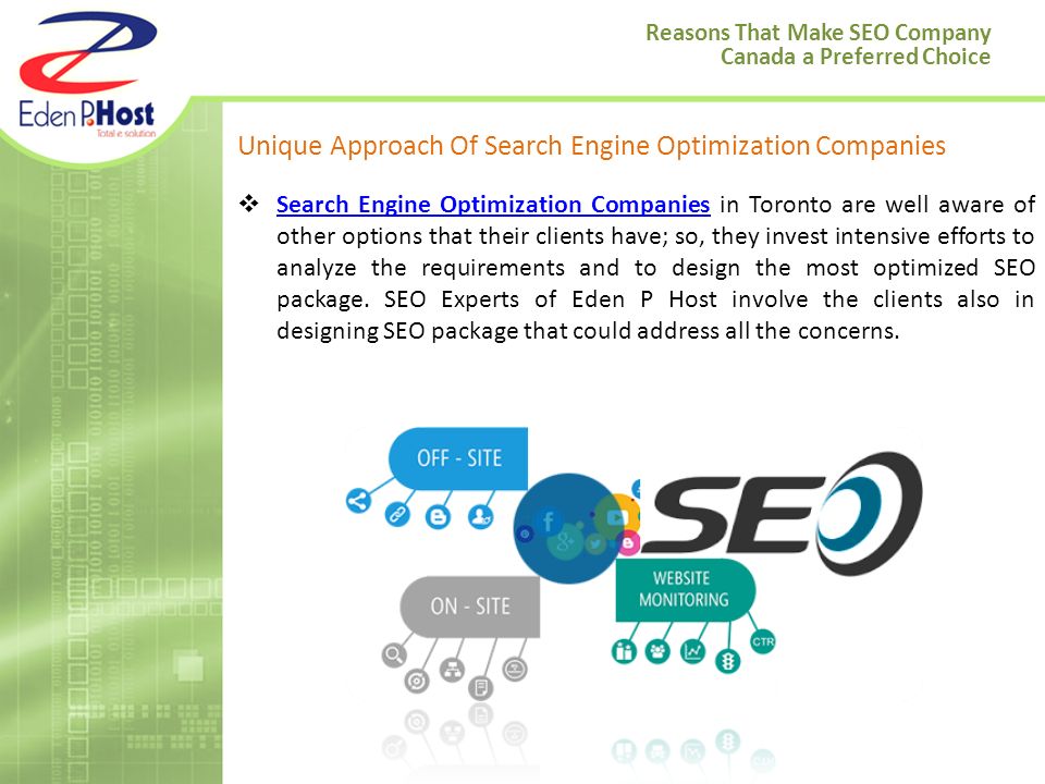 Unique Approach Of Search Engine Optimization Companies  Search Engine Optimization Companies in Toronto are well aware of other options that their clients have; so, they invest intensive efforts to analyze the requirements and to design the most optimized SEO package.