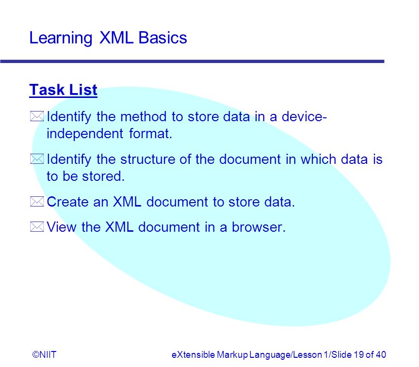 learning xml basics niitextensible markup language lesson 1 slide 1 xml focuses on identifying the format of data not the data itself