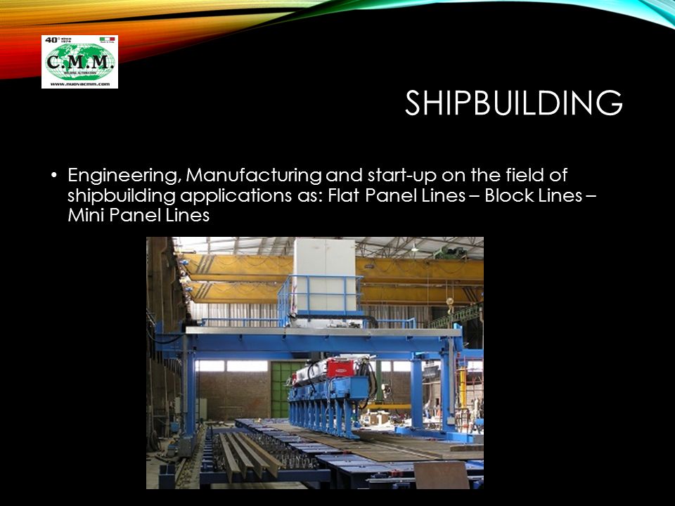 SHIPBUILDING Engineering, Manufacturing and start-up on the field of shipbuilding applications as: Flat Panel Lines – Block Lines – Mini Panel Lines