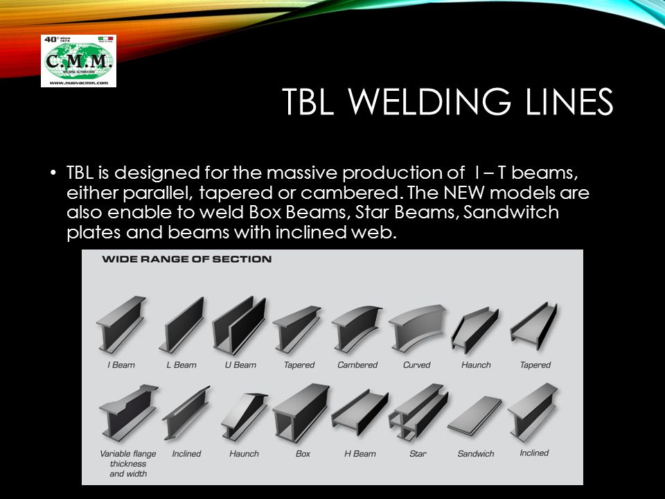 TBL WELDING LINES TBL is designed for the massive production of I – T beams, either parallel, tapered or cambered.