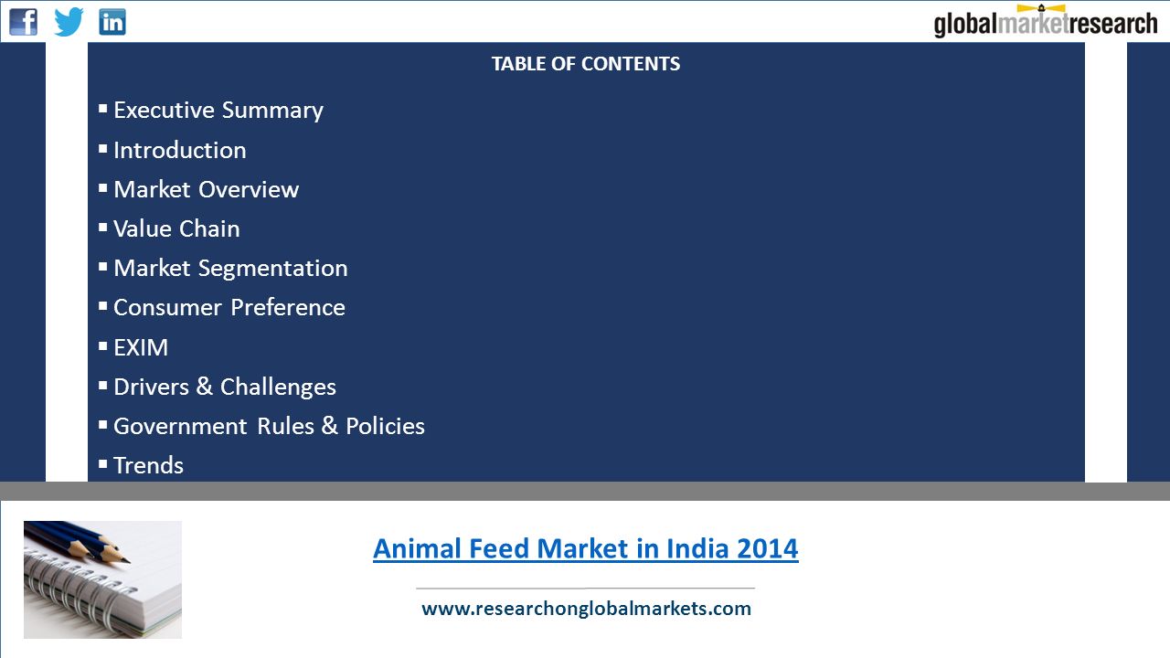  Executive Summary  Introduction  Market Overview  Value Chain  Market Segmentation  Consumer Preference  EXIM  Drivers & Challenges  Government Rules & Policies  Trends TABLE OF CONTENTS   Animal Feed Market in India 2014