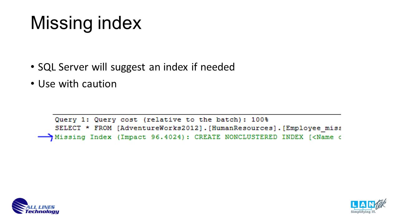 Missing index SQL Server will suggest an index if needed Use with caution