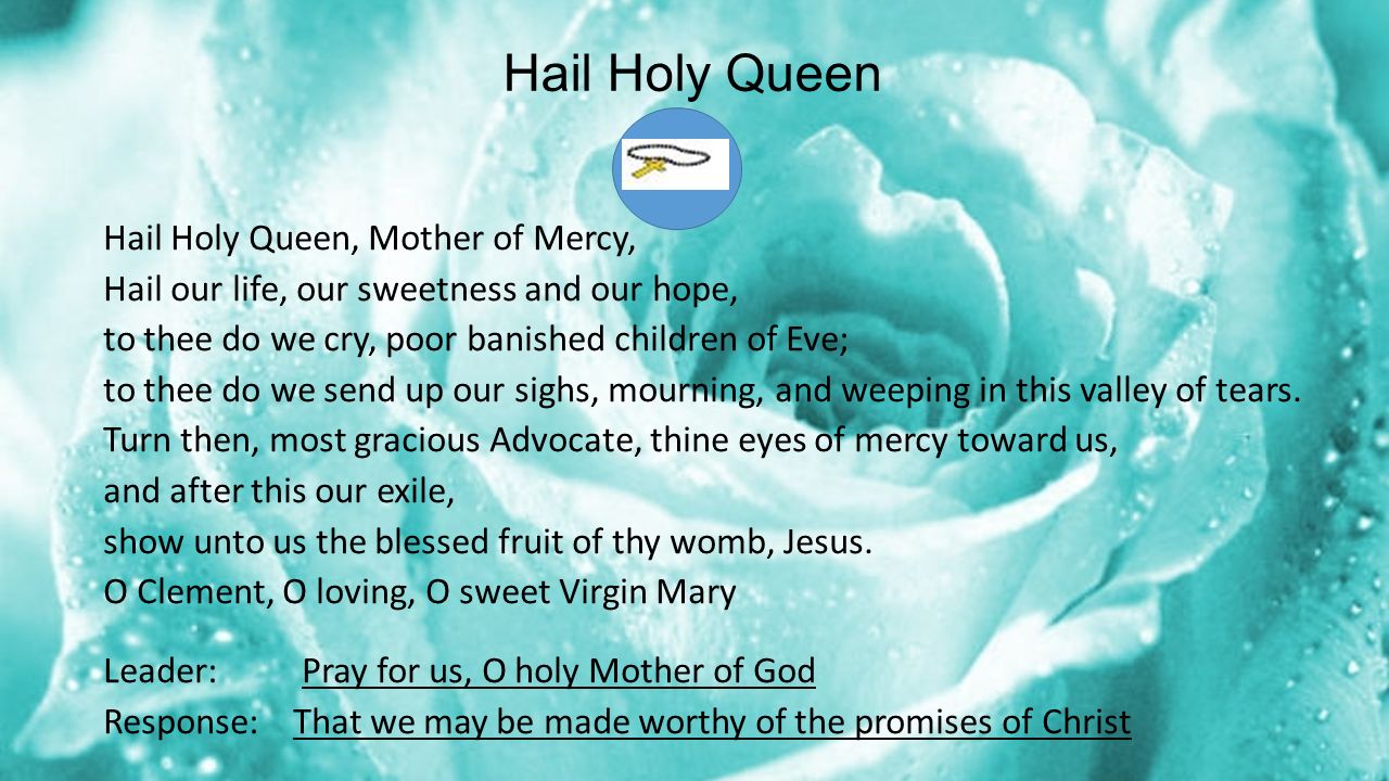 Hail Holy Queen Hail Holy Queen, Mother of Mercy, Hail our life, our sweetness and our hope, to thee do we cry, poor banished children of Eve; to thee do we send up our sighs, mourning, and weeping in this valley of tears.
