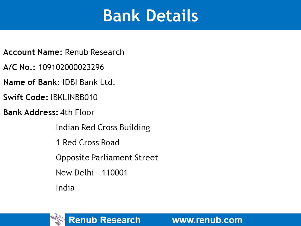 Renub Research   Bank Details Account Name: Renub Research A/C No.: Name of Bank: IDBI Bank Ltd.