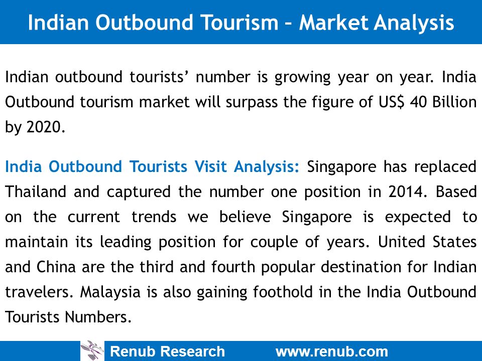 Renub Research   Indian Outbound Tourism – Market Analysis Indian outbound tourists’ number is growing year on year.