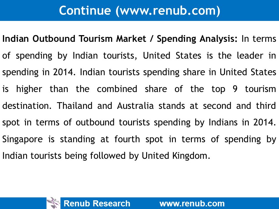 Renub Research   Continue (  Indian Outbound Tourism Market / Spending Analysis: In terms of spending by Indian tourists, United States is the leader in spending in 2014.