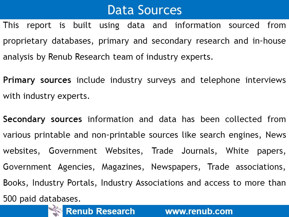 Renub Research   Data Sources This report is built using data and information sourced from proprietary databases, primary and secondary research and in–house analysis by Renub Research team of industry experts.
