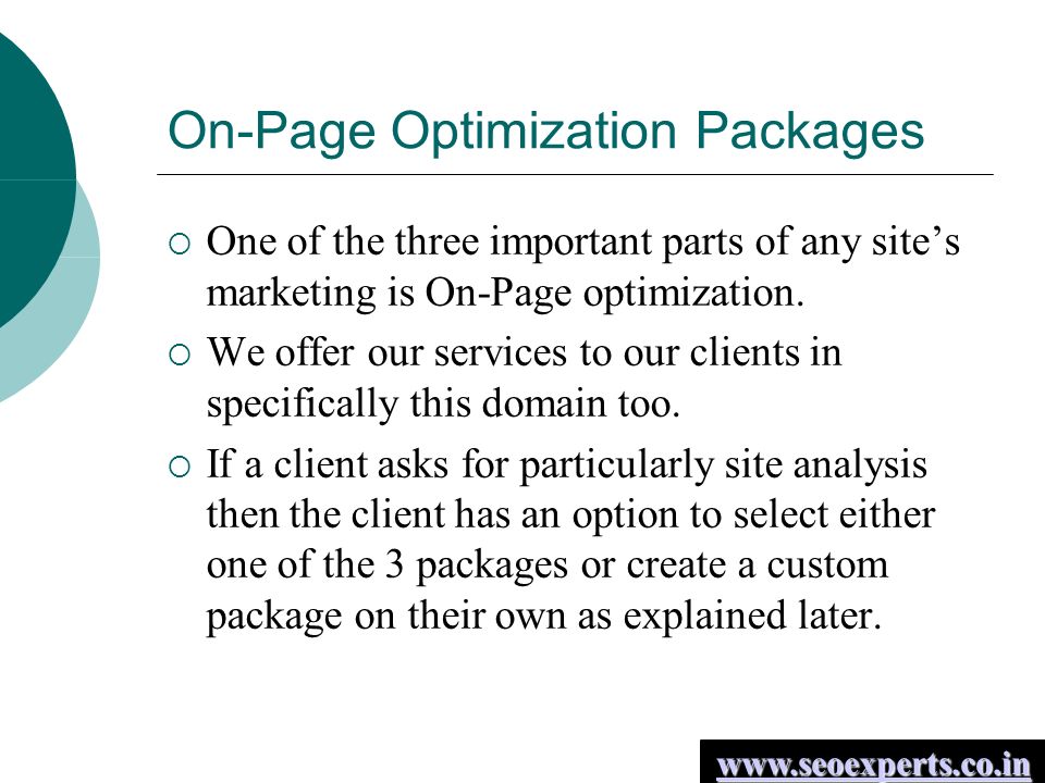 On-Page Optimization Packages  One of the three important parts of any site’s marketing is On-Page optimization.